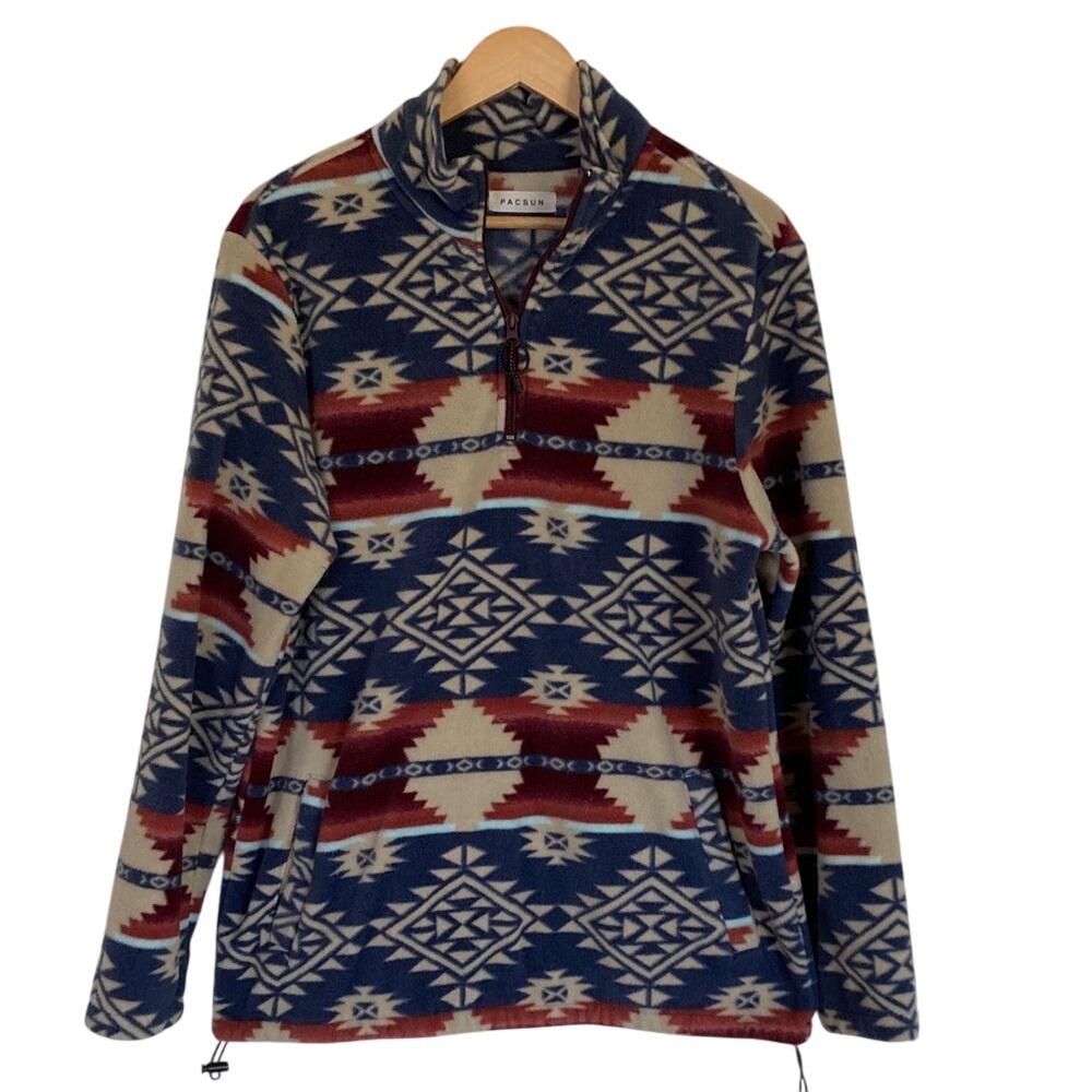 PacSun Unisex Pullover Quarter Zip Fleece Size Medium Blue Red Aztec Tribal